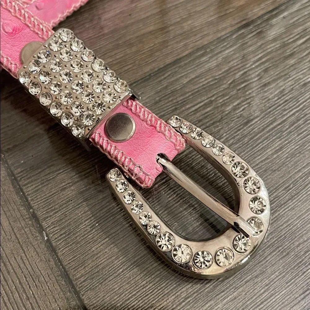SHYANNE GIRL'S OSTRICH PRINT RHINESTONE BELT Pink Rhinestone Studded Belt